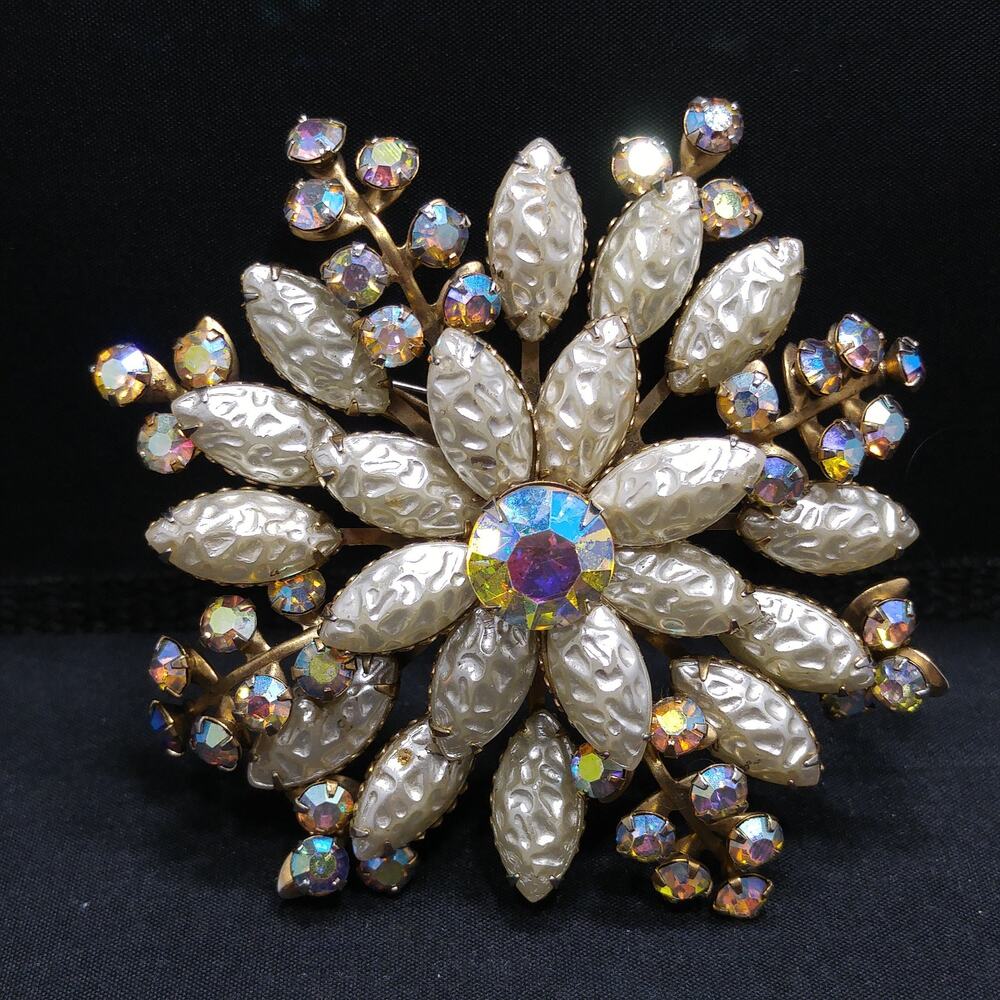 Large Flower Pearled Lava Glass Brooch, Aurora Borealis Rhinestones, Vintage